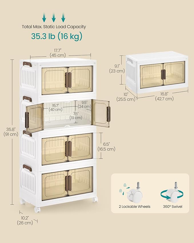 SONGMICS 26QT stackable storage bins with 1 Lid, 4-Tier Foldable Bins | Collapsible Cabinet, PP Plastic, Magnetic Doors and wheels, 17.7 x 10.2 x 35.8 inch, White, DENNYS Collection URLB445WZ01 - Image 6