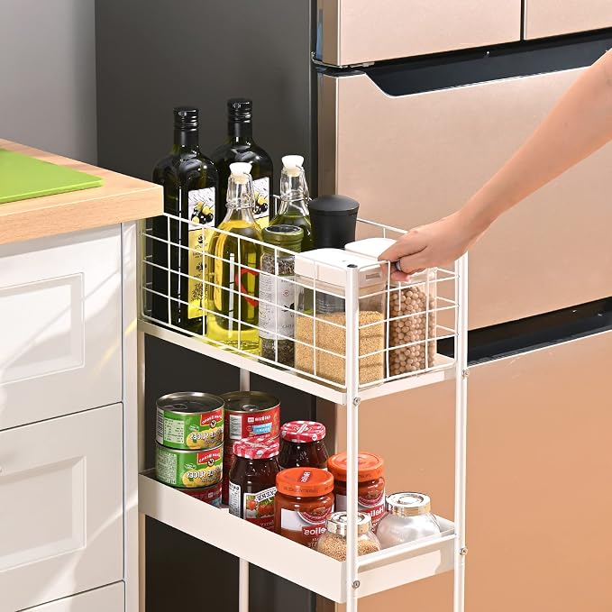 KINGRACK Slim Rolling Storage Cart 3 Tier - Heavy Duty Metal Utility Cart with Raised Edge & Wheels, Narrow Small Mobile Organizer Shelves for Bathroom, Kitchen, Laundry, Office, Living Room, White - Image 2