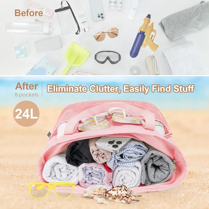 KABAQOO Large Beach Bag Waterproof Sandproof Tote Bag for Women with Zipper & Mesh Pockets for Pool Swim Travel Everyday | waterproof - Image 6