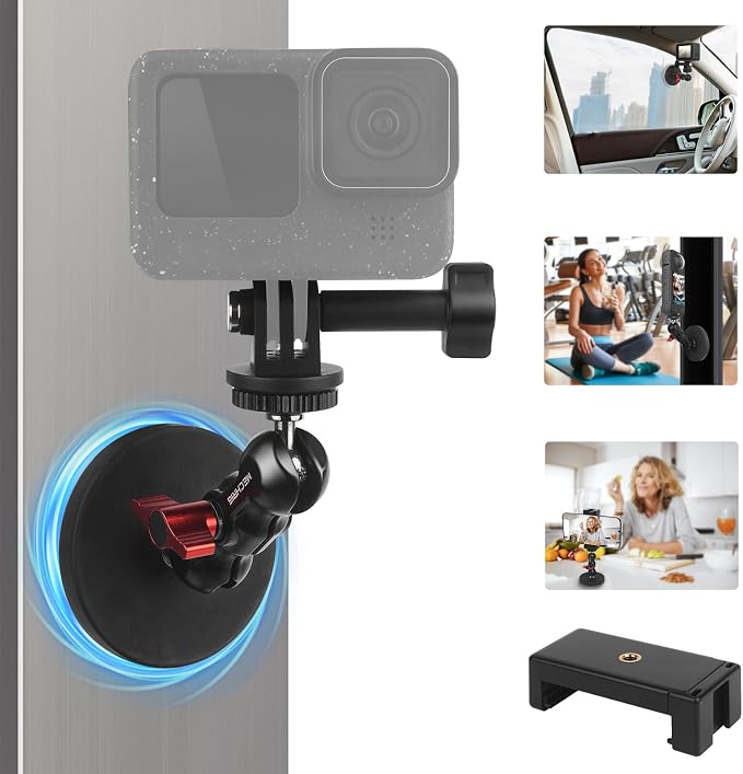 Magnetic Camera Mount for Action Camera- Strong Magnet Base with 360° Rotation Ball Head Magic Arm &1/4"-20 Thread & Phone Holder,Metal Compatible with Pocket 3 /X4/X3 for Car Gym,JC024 - Image 9