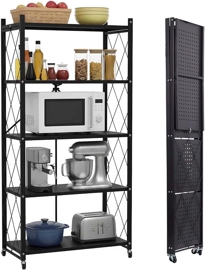 5 Tier Foldable Storage Shelf with Wheels, Heavy-Duty Metal Shelving Unit, No Assembly Book Shelf Rolling Storage Rack for Garage, Kitchen, Pantry, Closet, Exhibition, Office Decor, Black by Unknown