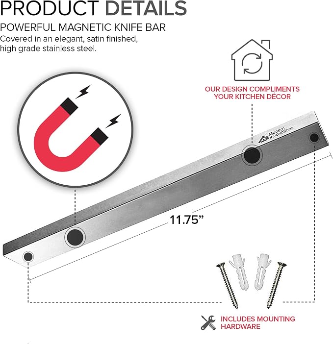 Modern Innovations Magnetic Knife Holder for Wall and Fridge - 12" Knife Magnetic Strip, Magnet Kitchen Knife Holder and Rack, Stainless Steel Magnetic Knife Bar for Kitchen Utensils - Image 2