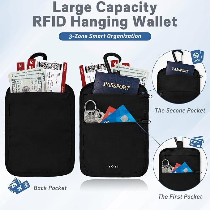 Anti-Theft Belt Waist Travel Wallet Hidden Passport 3-Zone Clip Carabiner | Water-resistant fabric with RFID blocking liner, fits passport, tickets, cards, and cash in 3 zones - Image 5