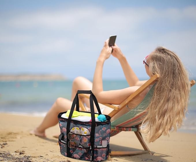 KABAQOO Mesh Beach Bag, Extra Large Beach Bags with 9 Pockets & Zipper Waterproof Lightweight Beach Tote for Beach/Pool Trip - Image 2