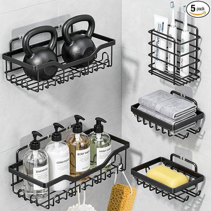 Fammart Adhesive Shower Caddy, 5-Pack Rustproof Stainless Steel Bathroom Organizer with 28 Hooks, No-Drill Large Capacity Shower Shelves for Bathroom Storage & Home Décor, Black by Fammart