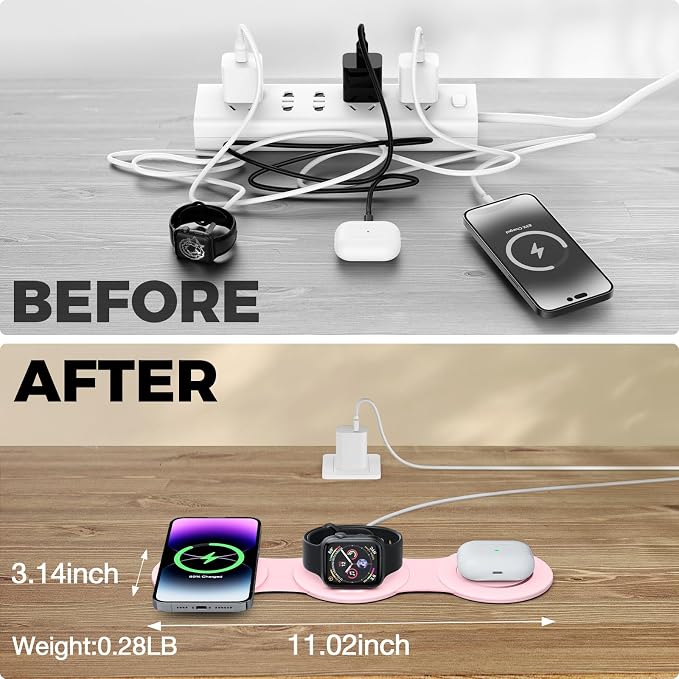 HICOBER 3-in-1 Wireless Charging Station for iPhone, Watch, AirPods, Pink | Charge 3 devices at once, foldable, case-friendly and ready for travel - Image 4