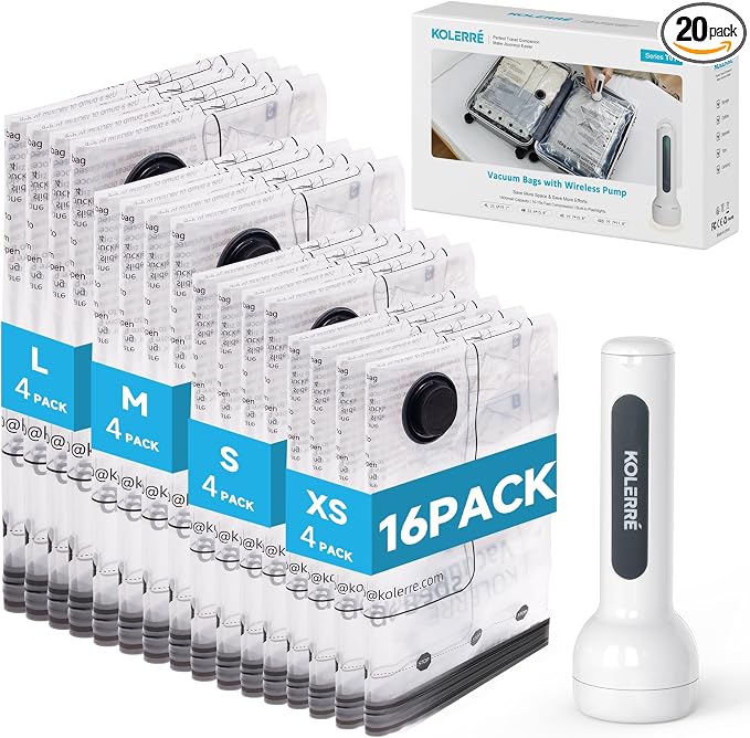16 Pack Travel Vacuum Bags with Upgraded Rechargeable Pump, 4 Sizes Space Saver Vacuum Storage Bags for Luggage and Suitcase, Compression Bags for Packing, Vacuum Seal Bags for Clothing Travel by KOLERRE