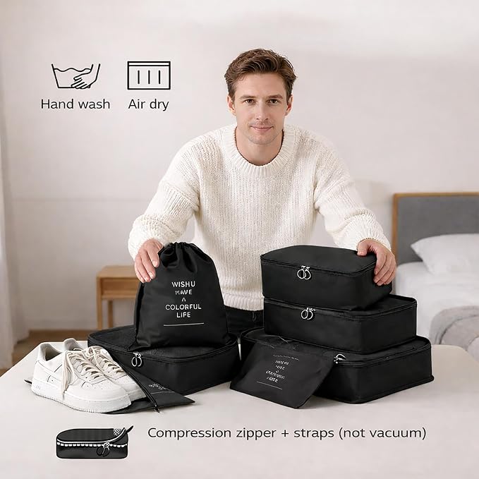 7 Set Packing Cubes For Travel | Luggage Organizer Bags With Shoe, Laundry Bag, Accessory Pouch And Lingerie Bag | Durable And Space Saving Suitcase Organizer For Travel Essentials | Black - Image 7