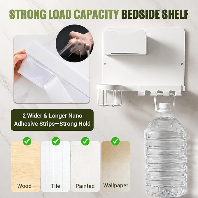 Floating Bedside Wall Shelf, Metal Bedside Wall Organizer with Detachable Cup Holder, No Drill Wall Mounted Storage for Bedroom, Dorm, Loft Bed, Bunk Bed & Small Space Organization - Image 3