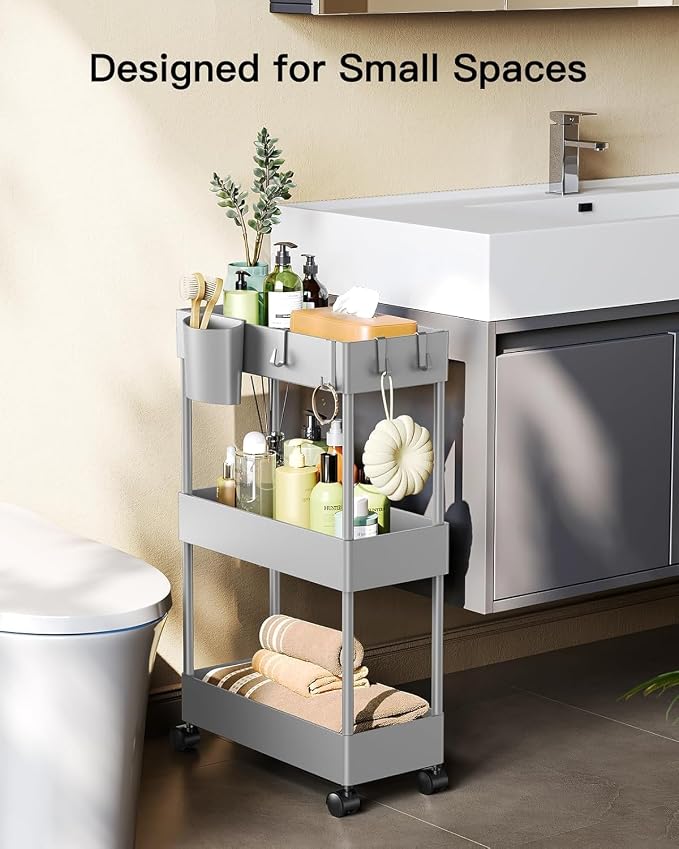 Pipishell 3 Tier Slim Storage Cart with Wheels, Bathroom Storage Cart, Gray | 7.1 inch Wide - Fits Narrow Spaces, Storage Cup and 6 Hooks, Ventilation Holes, Durable ABS Material, Detachable Wheels - Image 3