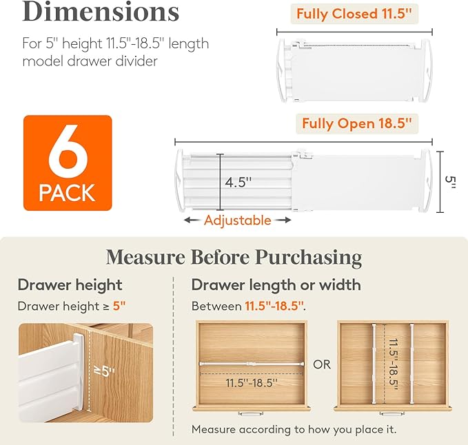 Lifewit 5" Tall Drawer Dividers, Adjustable Deep Drawer Organizer Clothes | 11.5"-18.5" Expandable Plastic Separators for Dresser, Kitchen, Cabinet, Nursery, Office, Socks & Underwear Storage, 6 Pack - Image 2