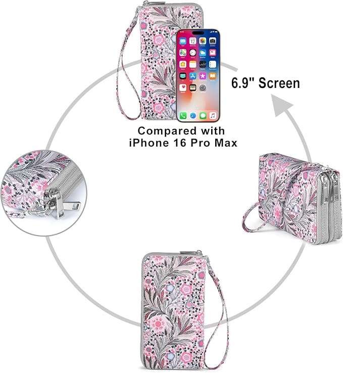RFID Blocking Cellphone Wallet for Women with Wrist Strap, Double Zipper Travel Clutch Purse Large Capacity, Fissidens Flower - Image 6