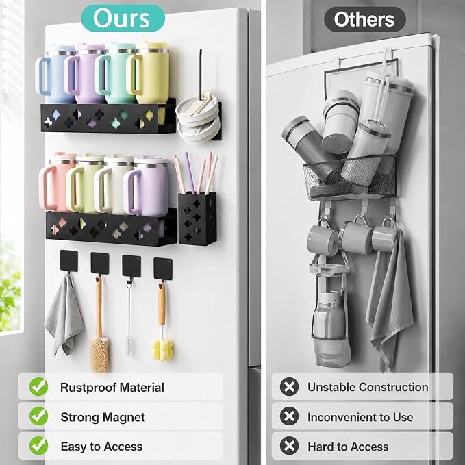 Magnetic Water Bottle Organizer for Fridge, Magnetic Cup Holder for 30 40 Oz with Tumbler Lid & Straw Organizer & Magnet Hooks, 8 Tumblers Kitchen Storage Rack for Cup Accessories, Space-Saving - Image 6