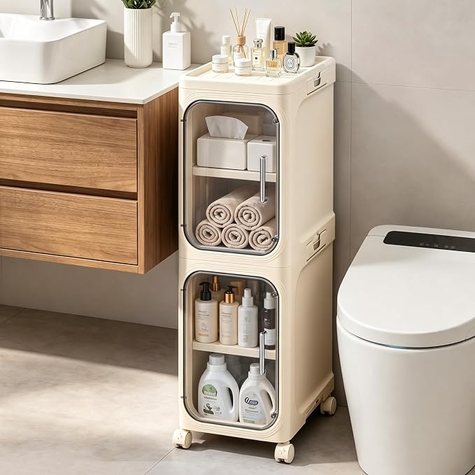 2-Tier Slim Narrow Bathroom Storage Cabinet, Cream White | Tool Free Assembly, Adjustable Shelves, Fits for Narrow Spaces, Reinforced Stability, Magnetic Clear Door by Lifelongpal