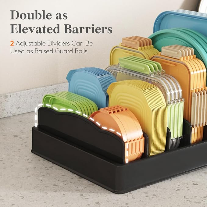 Lifewit Kitchen Cabinet Organizer for Food Contanier Lid with 7 Sections | Lid Holder with 6 Adjustable Dividers for Pantry Organizers and Storage, Home Drawer Organization, Black, Large, 13" x 10" - Image 6