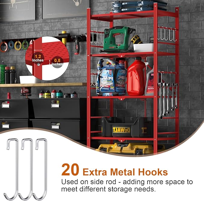 Himix 5-Tier Foldable Storage Shelf 20 Hooks Wheels Garage Red No Assembly | Folding shelving units, Metal collapsible organization, Wire shelves rack, Bookshelf, Christmas Room, Holds 440 Ibs shelf - Image 4