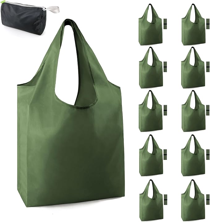 BeeGreen Dark Green Reusable Grocery Bags Bulk 10 Packs, Kitchen Reusable Shopping Bags 50LBS Large, Machine Washable Durable, Easily Foldable with a Storage Bag by BeeGreen