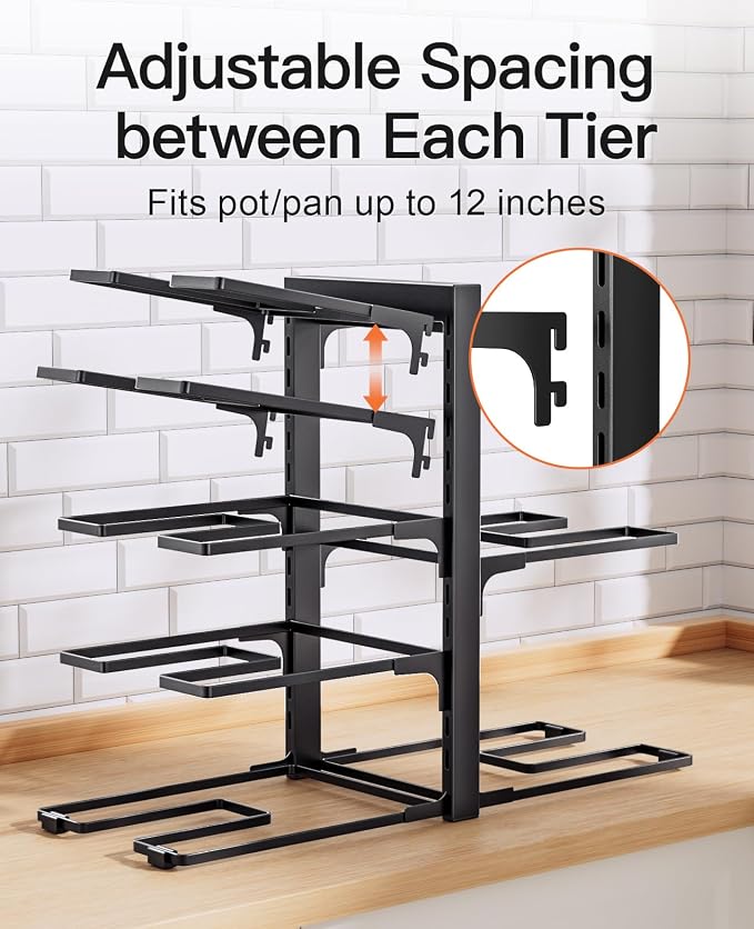 Pots and Pans Organizer Under Cabinet 15.8", 8-Tier Adjustable Black | 2 DIY Modes, Tool-Free Assembly, Max 120 Lbs, Fits Cast Iron Pans, Dutch Ovens & Heavy Cookware, For Kitchen Cabinets - Image 7