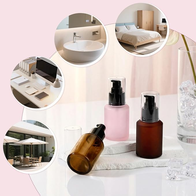 Segbeauty 2oz Frosted Glass Travel Pump Bottles for Toiletries, 3pcs Refillable Cosmetic Pump Dispensers Empty, 60ml Travel Cream Oil Foundation Bottles, Liquids Serum Containers in Mixed Color - Image 5