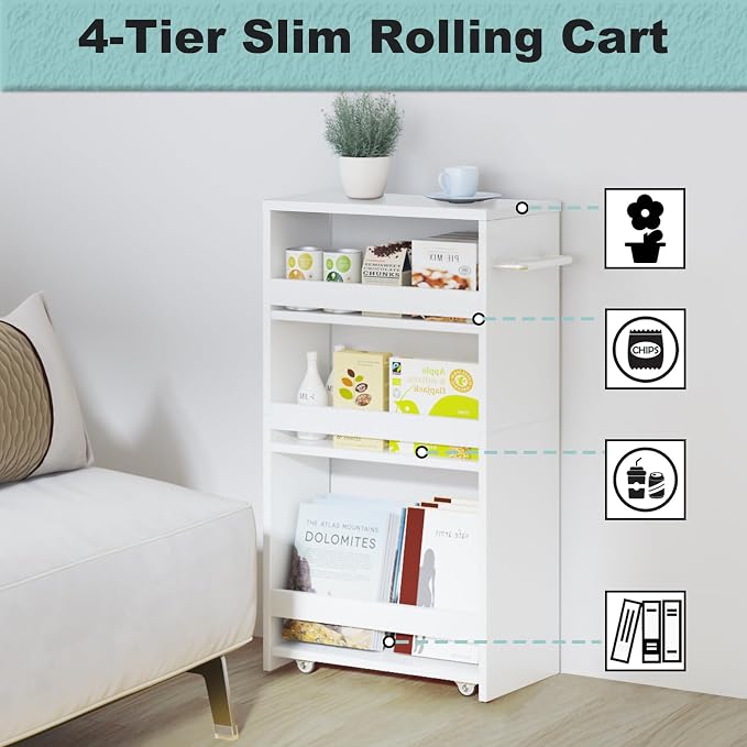 MARTY Slim Rolling Storage Cart, Wood Utility Kitchen Bathroom Laundry Cart | 4 Tier Kitchen Cart with Wheels Handle, Laundry Room Organization Between Washer and Dryer, Narrow Storage Cabinet, 8” Wide - Image 6