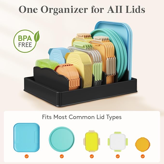 Lifewit Kitchen Cabinet Organizer for Food Contanier Lid with 7 Sections | Lid Holder with 6 Adjustable Dividers for Pantry Organizers and Storage, Home Drawer Organization, Black, Large, 13" x 10" - Image 2