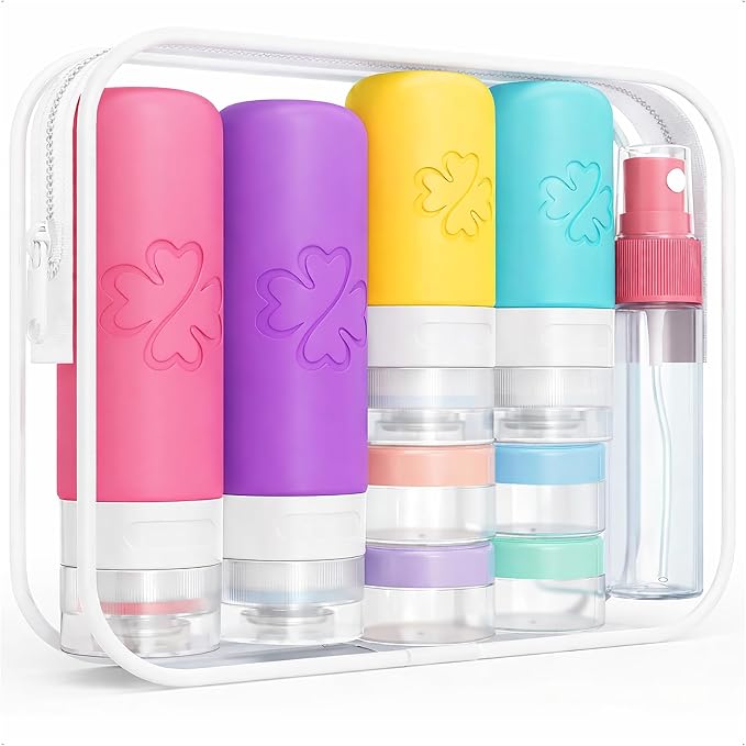 26-Piece TSA Approved Travel Toiletry Kit, Leak-Proof Silicone Refillable Bottles for Shampoo, Conditioner & Lotion, Travel Size Containers with Pill Organizer, Spray Bottle & Sewing Kit by GILuxe