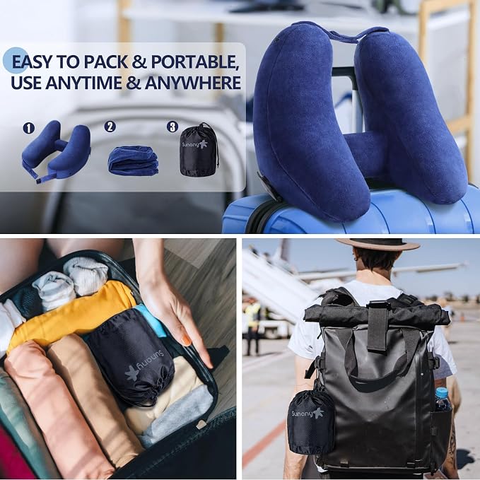 Sunany Travel Neck Pillow for Airplane Pillow Comfortably Supports Head, Neck and Chin, Inflatable Travel Pillow with Soft Velour Cover and Portable Drawstring Bag (Blue, H-Shape) - Image 5