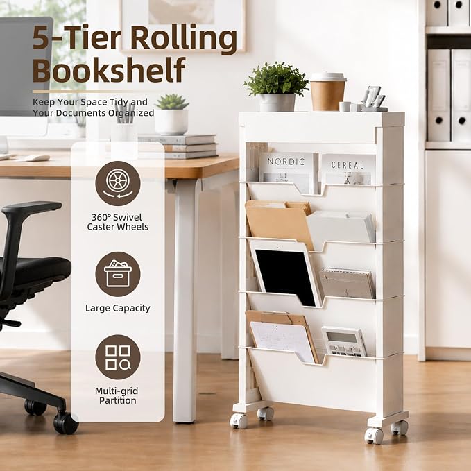 5-Tier Rolling Bookshelf, Rolling Book carts with wheels,Book Storage Rack | Utility Carts, Movable File Folder Organizer Cart for Home,Study,Office,Living Room,Classroom - Image 2