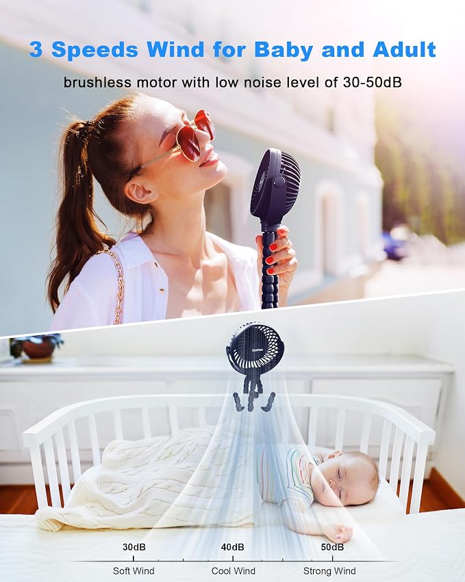 Coohea Clip on Stroller Fan, Rechargeable Long-Lasting Power Wind Fan | 4000mAh Battery Operated, 360° Rotatable Flexible Tripod, 3 Adjustable Speed, Portable Fan for Car Crib Backseat Beach Travel - Image 3