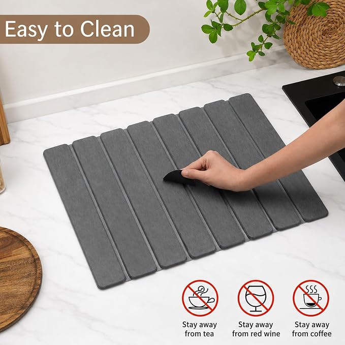 Stone Dish Drying Mat for Kitchen Counter, Thin & Light Quick Dry Stone Dishes Mat, Foldable Water Absorbing Diatomite Drying Pad for Kitchen Bathroom Sink Countertop (Pure Gray 20"x14") - Image 6
