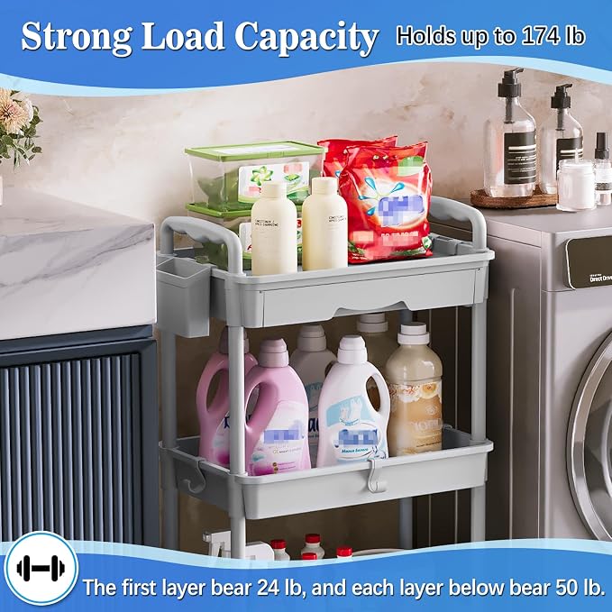 SUNALLY 3 Tier Rolling Cart with Drawer, Craft Storage Cart Organizer, Gray | Bathroom Storage Organizer with 2 Lockable Wheels, Rolling Utility Cart for Kitchen, Office, Baby, Makeup, Nail,Snack,Laundry - Image 4