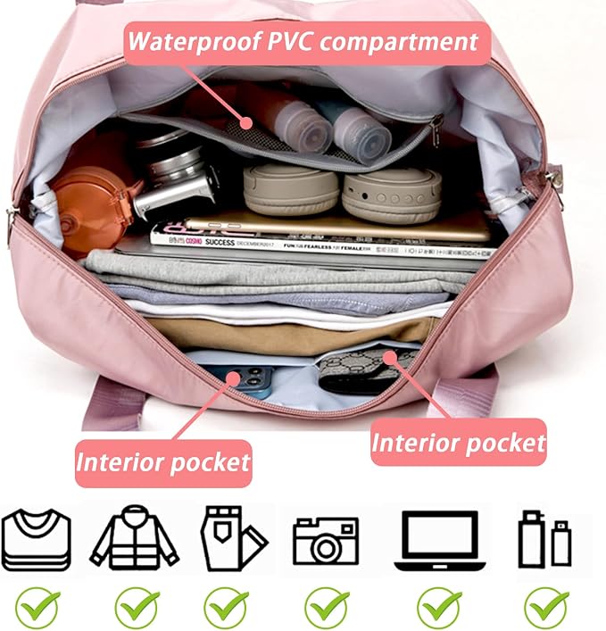 INVODA Travel Bag for Women Expandable Weekender Overnight Bag Carry on Sports Tote Gym Bag Waterproof Foldable Duffel Bag (Dark Pink) - Image 6