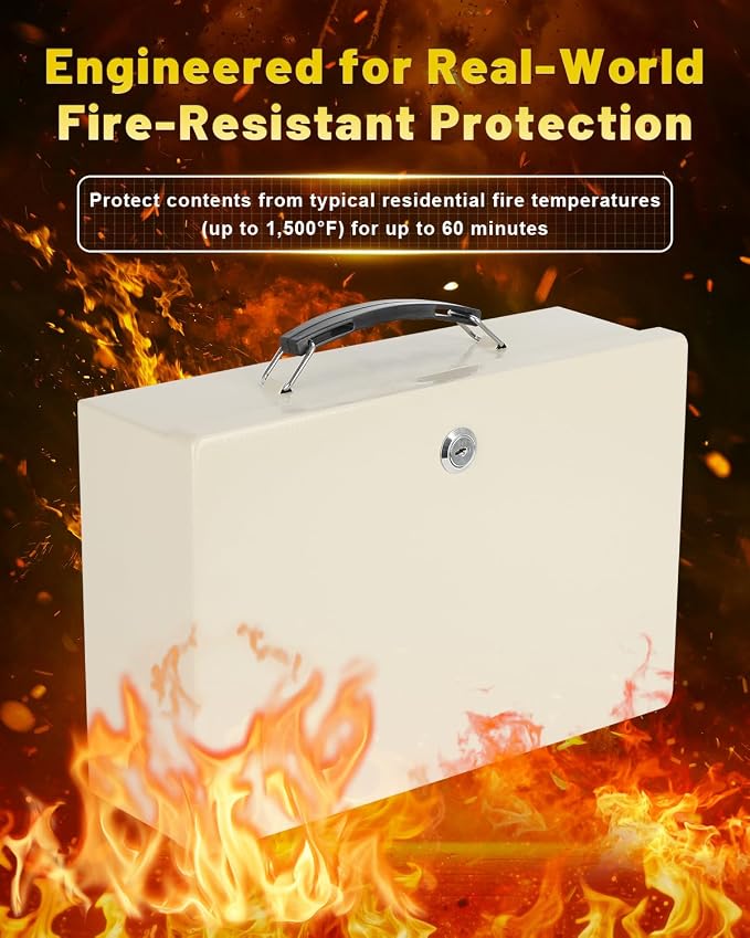 KYODOLED Fireproof Document Box with Key Lock, Small Safe Box for Valuables, Fire and Water Resistance, Fireproof Lock Box for Passport, Cash, Tablet, Exterior 12.6'' x 8.3'' x 3.58'' Beige - Image 2