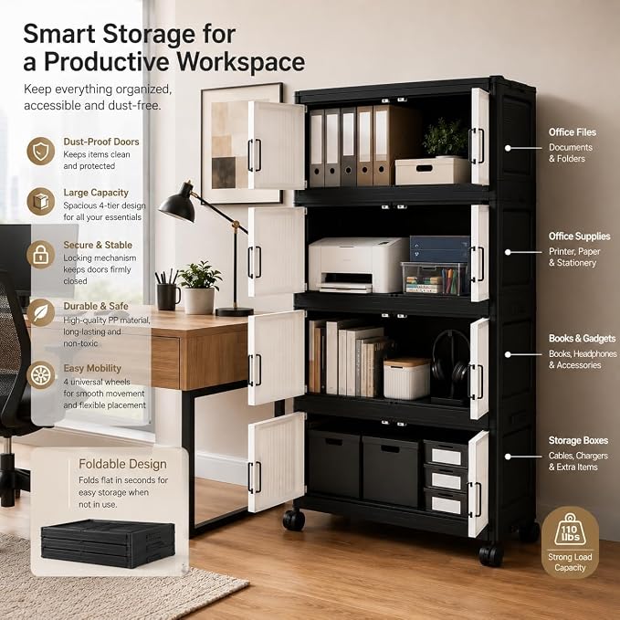 4 Tier Foldable Storage Cabinet with Wheels and Magnetic Doors, Premium PP Material Large Storage Organizer, Space-Saving Utility Storage for Home, Apartments, Dorm, Office, Rv - Image 3