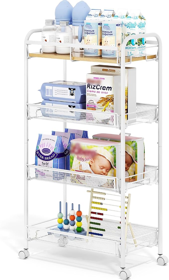 TOOLF 4-Tier Rolling Cart, Metal Utility Cart, Slide Out Storage Cart with Wooden Tabletop and Mesh Baskets, Easy Assemble Trolley for Kitchen Bathroom Laundry Room Bedroom Apartments Dormitory by TOOLF