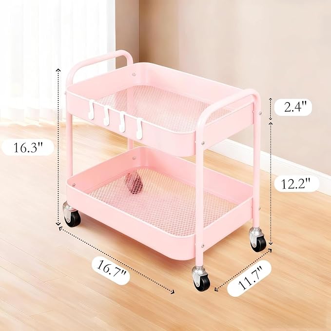 Pink 2 Tier Rolling Cart Metal with Wheels Under Desk Storage Cart for Small Space Organization, Small Trolley for Pantry Room Laundry Bathroom Kitchen Office Art Snack Baby Supplies - Image 5