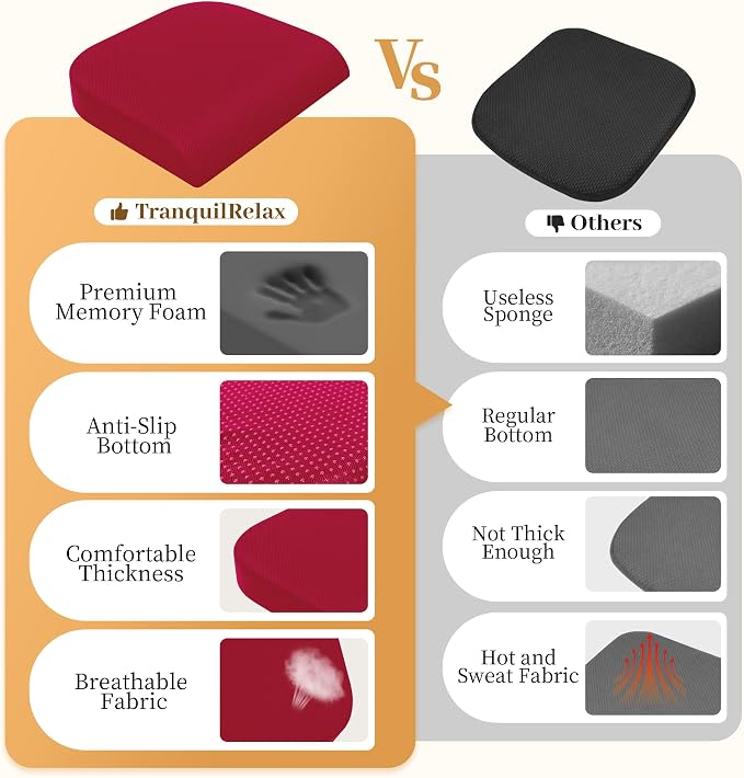 TranquilRelax Memory Foam Seat Cushion for Office Chair, 3-Inch, Red | Medium-firm Support for Long Sitting, Washable Mesh Cover, Non-slip Base, Perfect for Car Seats & Short Drivers - Image 3