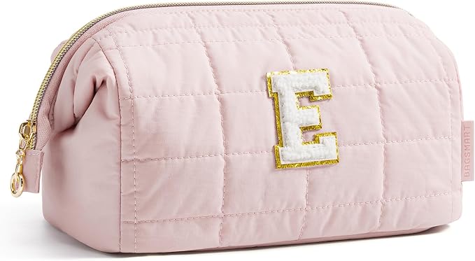 BAGSMART Birthday Gifts Personalized Initial Makeup Bag, Trendy Stuff Gifts for Women Bridesmaid Graduation, Puffy Padded Make Up Bags for Women, Wide-open Toiletry Bag, Pink E by BAGSMART