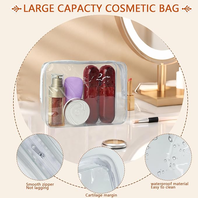 Waterproof PVC Makeup Bag - Leakproof Cosmetic Organizer for Travel Toiletry Storage 9.84×7.09×2.36 Inch for Women & Men (Clear) - Image 3