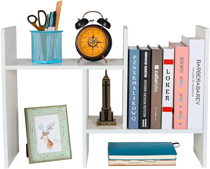 Adjustable Desktop Shelf Wood Small Bookshelf Desk Supplies Organizers and Accessories Storage Display Rack Office Decor, White by PAG