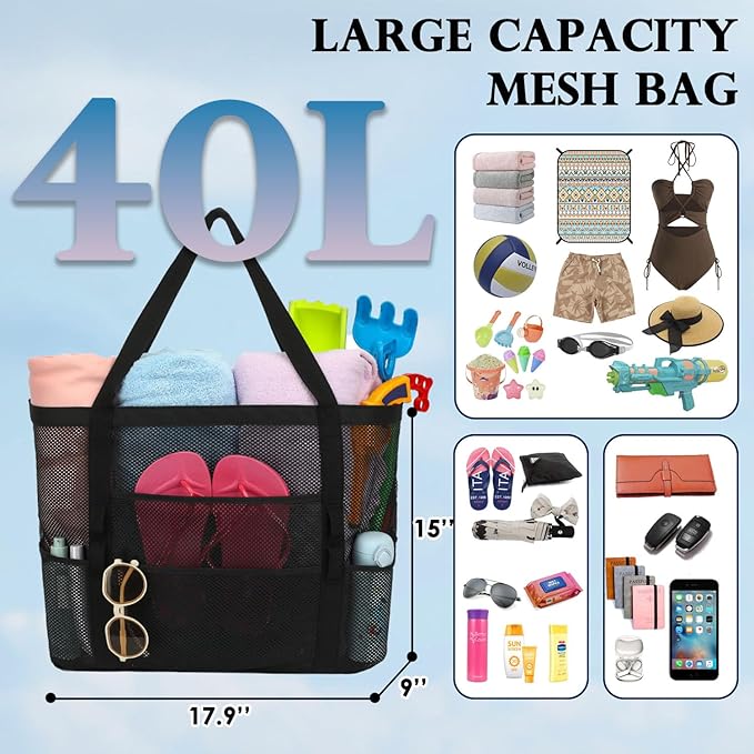 Fammart Mesh Beach Bag for Women, Large Beach Toy Pool Bag with Zipper Pocket, SandProof Cruise Essentials 2026 Family Travel - Image 4