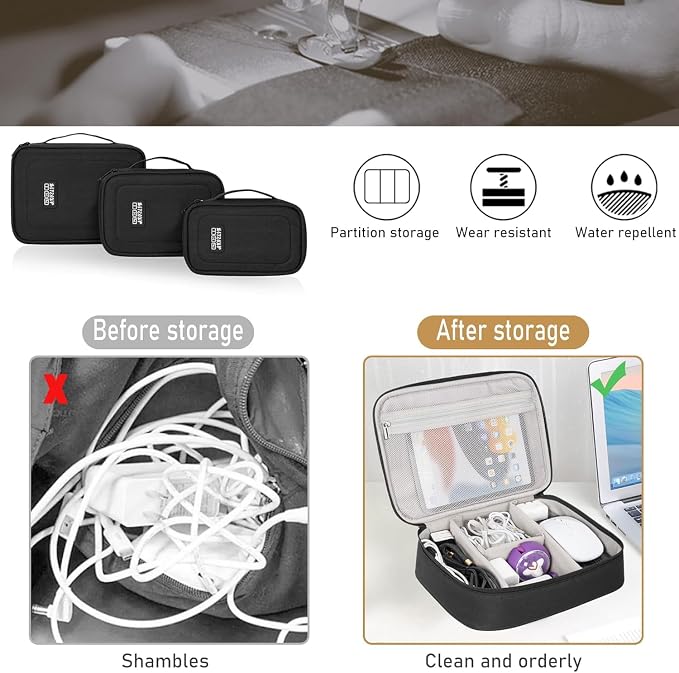 AKOZLIN Cable Organizer Bag, Padded Electronic Organizer Travel Case | Double Layer Cord Organizer Case 3pcs/set, DJ Cable File Accessories Bag with Adjustable Divider, Black - Image 4
