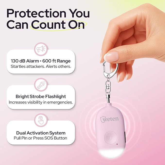 Weten Rechargeable Personal Alarm Keychain - 130dB Siren & LED Light - 2 Pack Personal Safety Alert for Women to Carry - Panic Button Alarm for Security - Rape Whistle for Self Defense (Pink&Blue) - Image 2