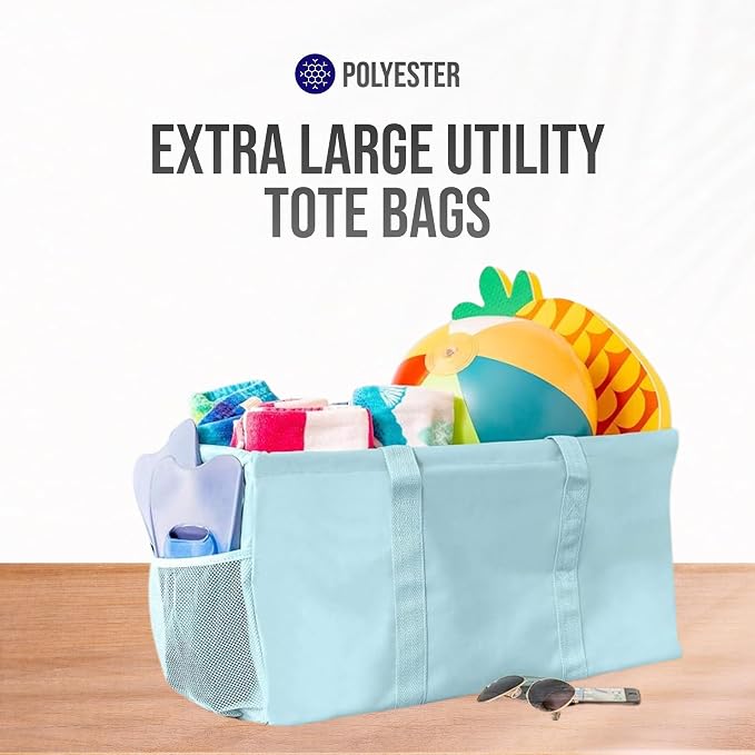 Extra Large Utility Tote Bag - Oversized Collapsible Reusable Wire Frame Rectangular Canvas Basket With Two Exterior Pockets For Beach, Pool, Laundry, Car Trunk, Storage - Light Blue - Image 7