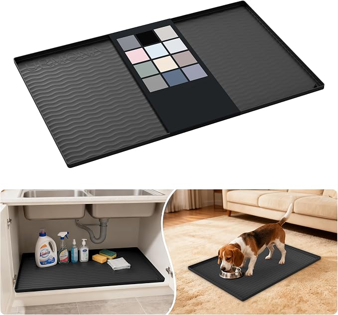 URMONA Waterproof Silicone Under Sink Mat 31'' x 22'' Shelf Liner for Kitchen and Bathroom, Cabinet and Counter Protector, Storage and Organizers, Litter Mat, Pet Cat Puppy Essentials(Black) by URMONA