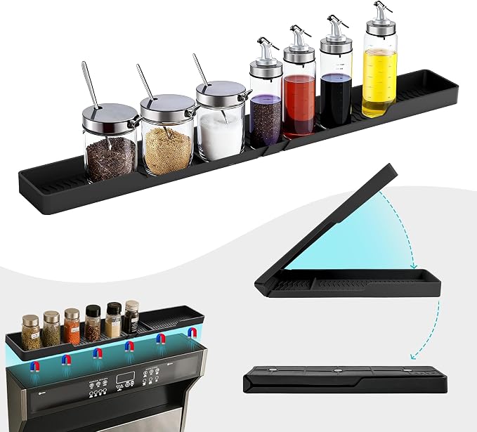 Silicone Over The Stove Shelf, 30 Inch Magnetic Stove Top Organizer - No Drill Space Saving Storage Rack for Spices & Kitchen Utensils, Perfect for Small Kitchen & Apartments （Black） by TCULOSD