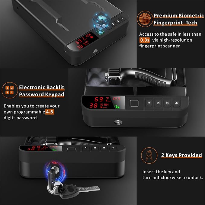 Z ZLJUAN Portable Gun Pistol Safe with LCD Display of Temp,Humidity,Biometric Fingerprint,Keypad Lock,Key,Biometric Handgun Safe for Travel/Home/Car/Nightstand Beside (Black) - Image 2