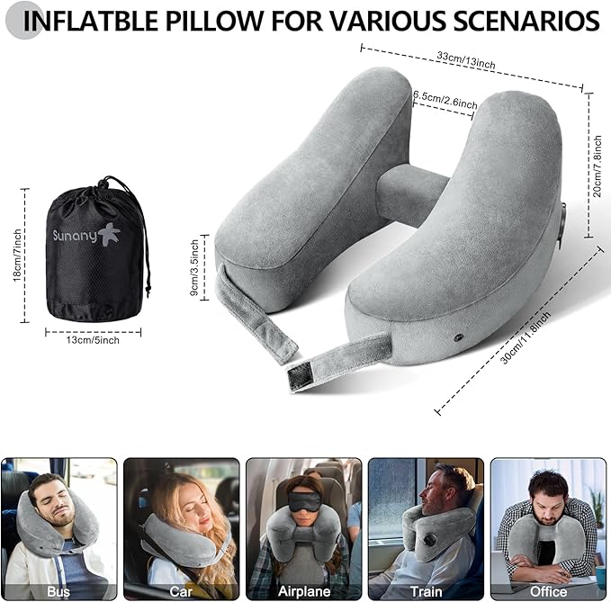 Sunany Travel Neck Pillow for Airplane Pillow Comfortably Supports Head, Neck and Chin, Inflatable Travel Pillow with Soft Velour Cover and Portable Drawstring Bag (Grey, H-Shape) - Image 2