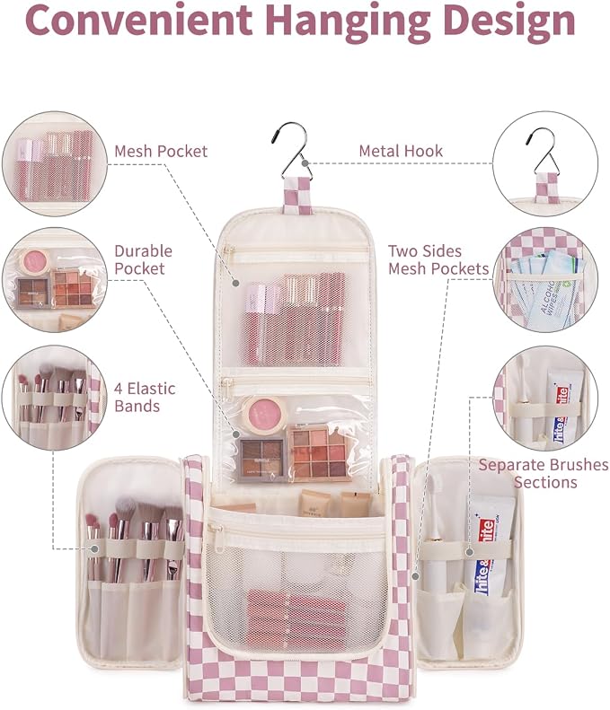 Narwey Checkered Hanging Travel Toiletry Bag for Women, Travel Bag for Toiletries, Makeup Bag Organizer Cosmetic Bags Make Up Bags for Women (Dusty Rose Checkerboard) - Image 2