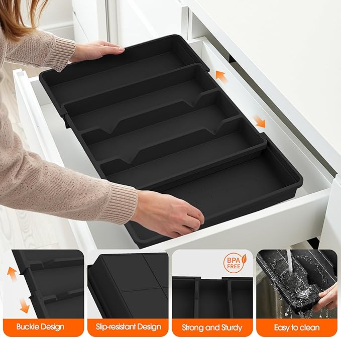 Large Expandable Silverware Drawer Organizer, Utensil Tray | Kitchen Drawer Organizer for Spoons/Forks/Knives, Multipurpose & BPA Free Cutlery Tray (1 Pack, Black) - Image 5